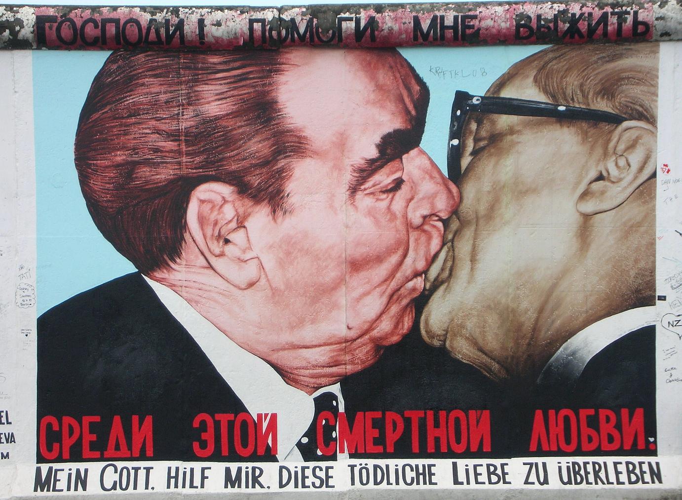 The Wall: Breshniev and Honnecker locked in a fraternal kiss.