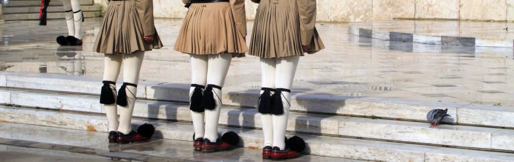 The guards in front of the Greek Parliament in Athens standing at attention.