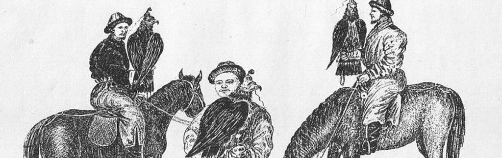 A black-and-white drawing. T.E. Gordon's "Hunting with Golden Eagles". A creative commons picture.